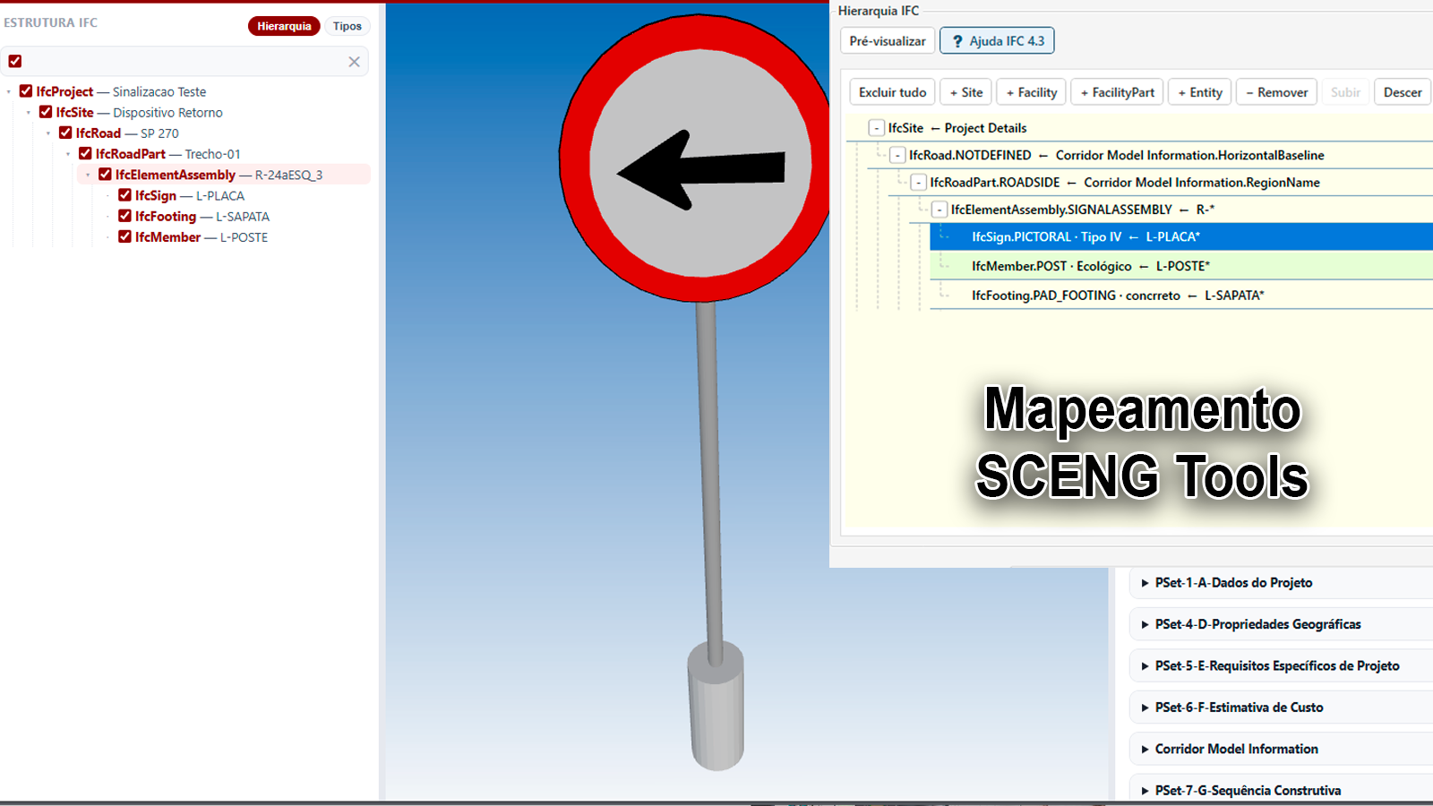 Janela do IFC 4.3 Manager do SCENG Tools com regras de classificação por camada e contador de objetos